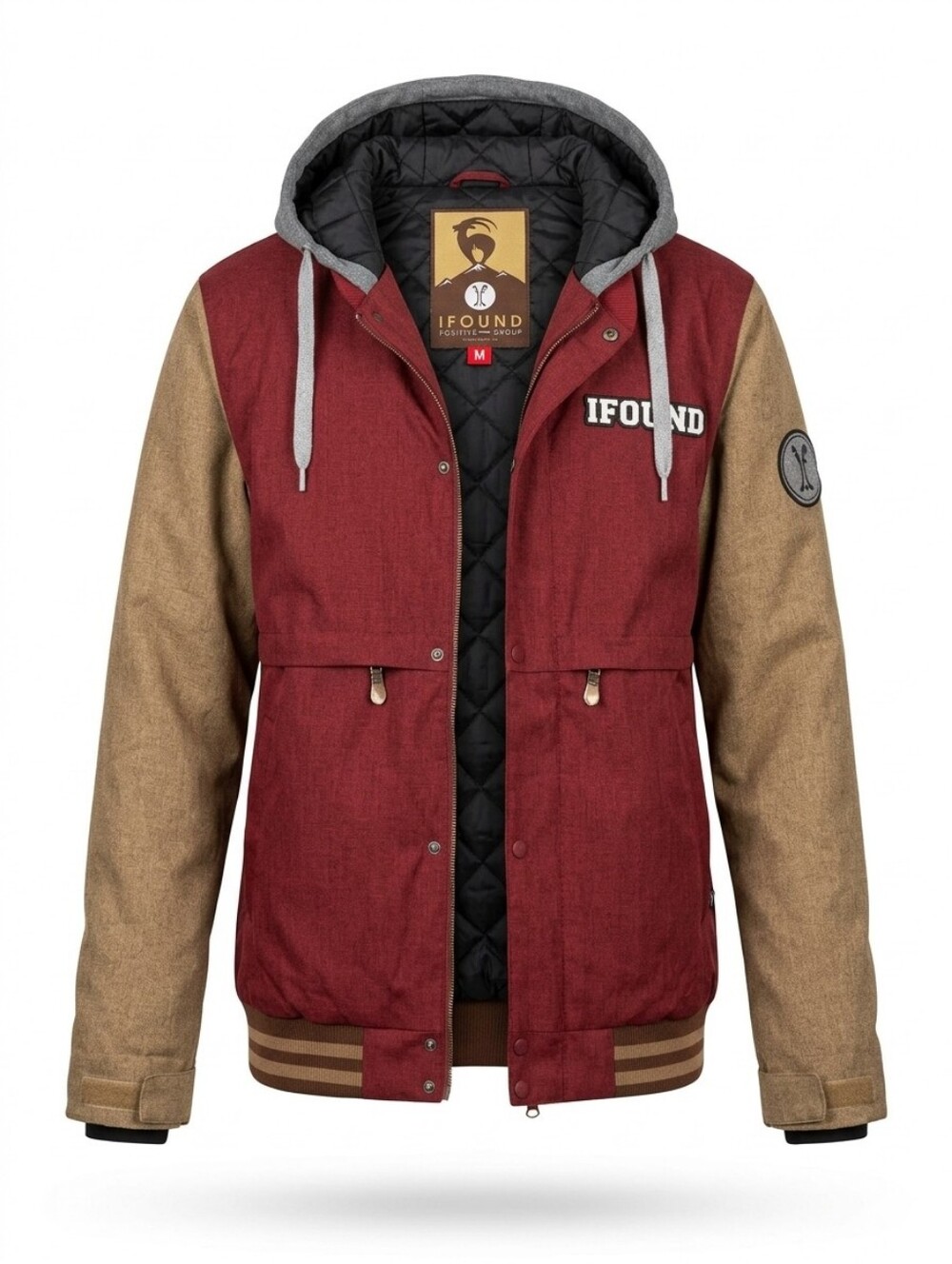IFound Men’s Two-Tone Hooded Snownboard  Bomber Jacket in Burgundy and Tan Sz M